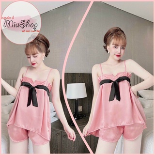 🍀🍀SIÊU PHẨM🍀🍀 Sét đồ ngủ cột nơ phối lụa satin quần đùi dễ thương fom 58kg