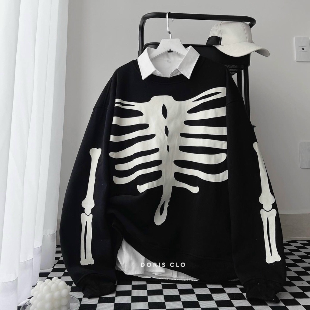 Áo khoác nỉ sweater in hình bộ xương chất nỉ bông mẫu không nón chất nỉ dày.