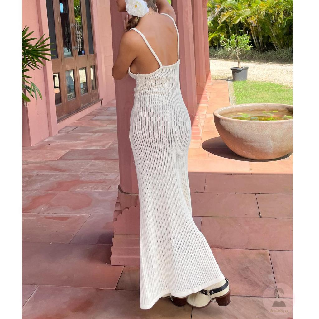 Đầm Dài Dệt Kim Không Tay Hở Lưng Màu Trơn Thời Trang Mùa Hè Dành Cho Bạn Nữ