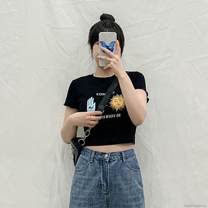 Áo Croptop Ngắn Tay In Hình Mặt Trăng / Mặt Trời Kiểu Hàn Quốc Xinh Xắn Cho Nữ