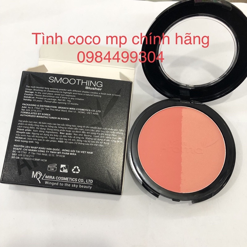 Phấn má Aroma, phấn má hai tông màu đào và cam số 4 Shine Peach and Orange, Mira Aroma Smoothing Blusher 14g