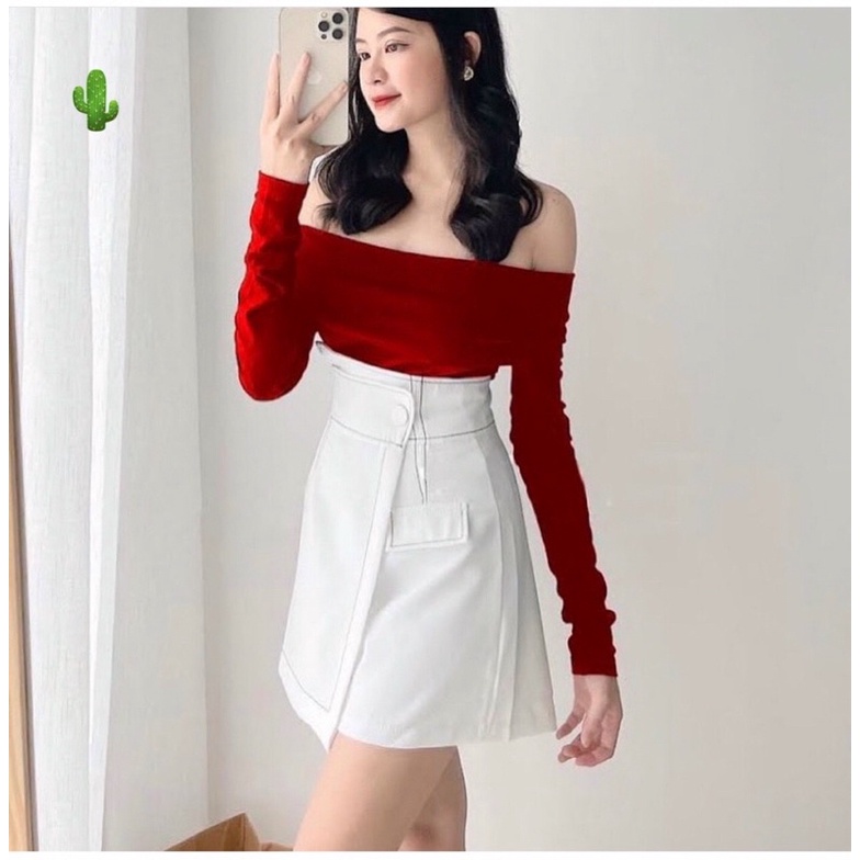 set Áo thun gân len lệch vai kèm chân váy tennis chỉ nổi hottrend 4 màu p877