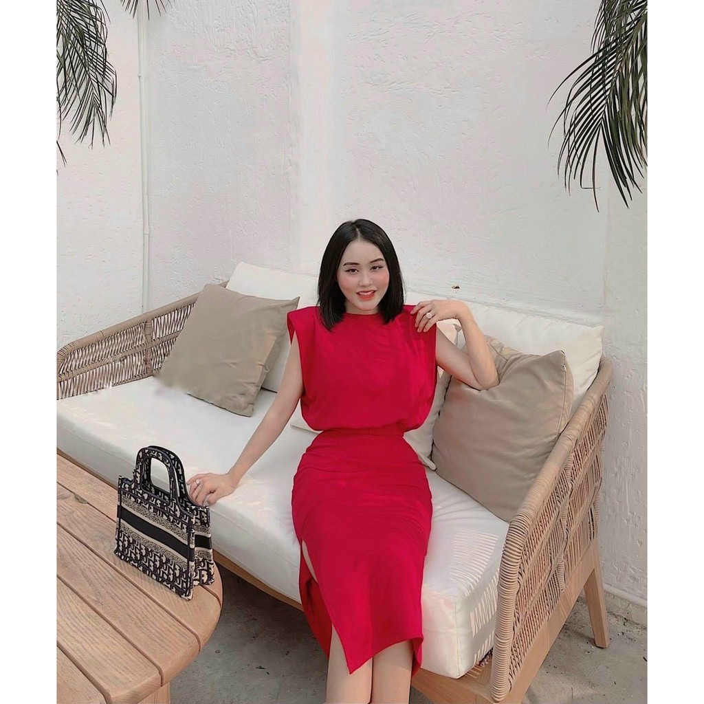 Set áo cánh dơi nhún eo kèm chân váy xẻ tà bên y hình chất thun co giãn - 4 màu