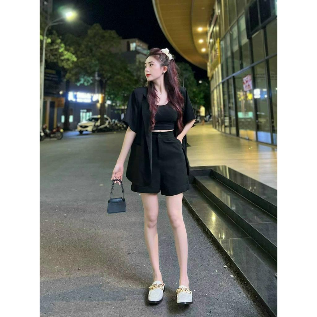 Sét ba mon áo lót áo khoác vét ngắn tay kèm quần đùi siêu xinh phù hợp đi chơi đi tiệc