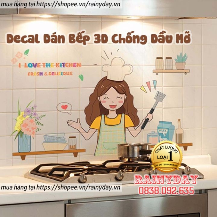 Decal dán bếp 3D, miếng dán tường bếp nhà bếp chống dầu mỡ cách nhiệt giấy họa tiết chịu nhiệt