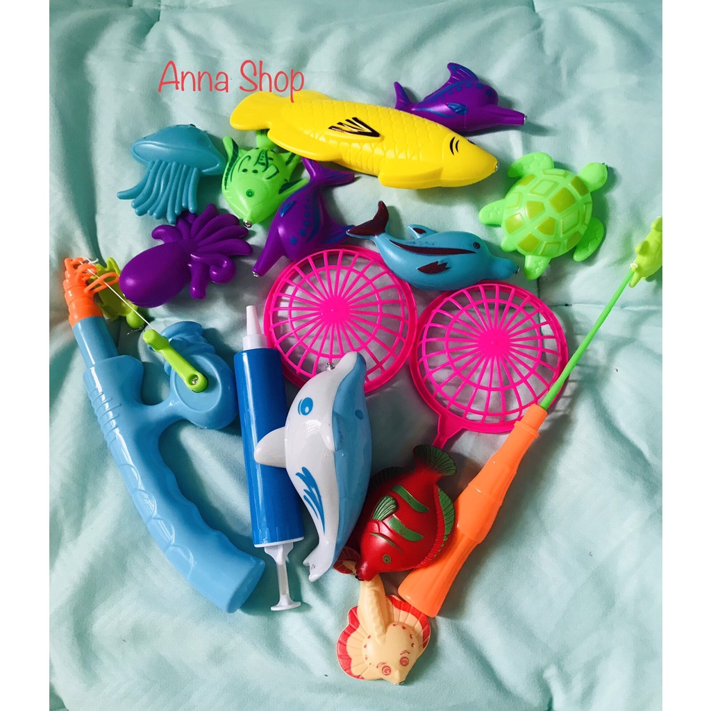 Đồ chơi Câu cá nam châm cho bé trong nước và trên cạn gồm Bể hơi cỡ lớn+Cần câu+Bơm+Cá