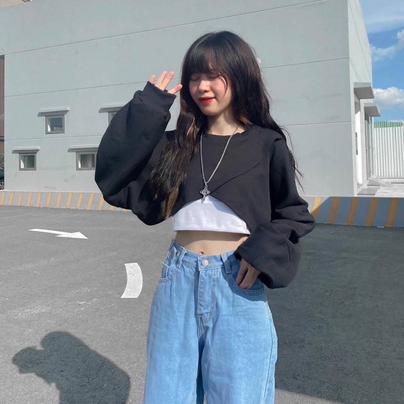 [ TẶNG KÈM BRA] Áo Croptop Tay Dài Form Rộng Nữ Ullzang, Set Áo Croptop 2 Món Đắp Chéo Unisex