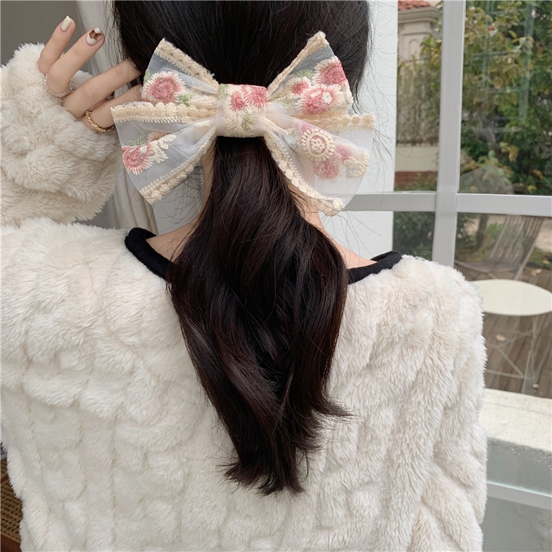 Kẹp Tóc Nơ Lớn Thêu Họa Tiết Phong Cách Hàn Quốc Cho Nữ