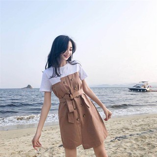 ORDER Đầm kate phối áo thun trắng kèm đai