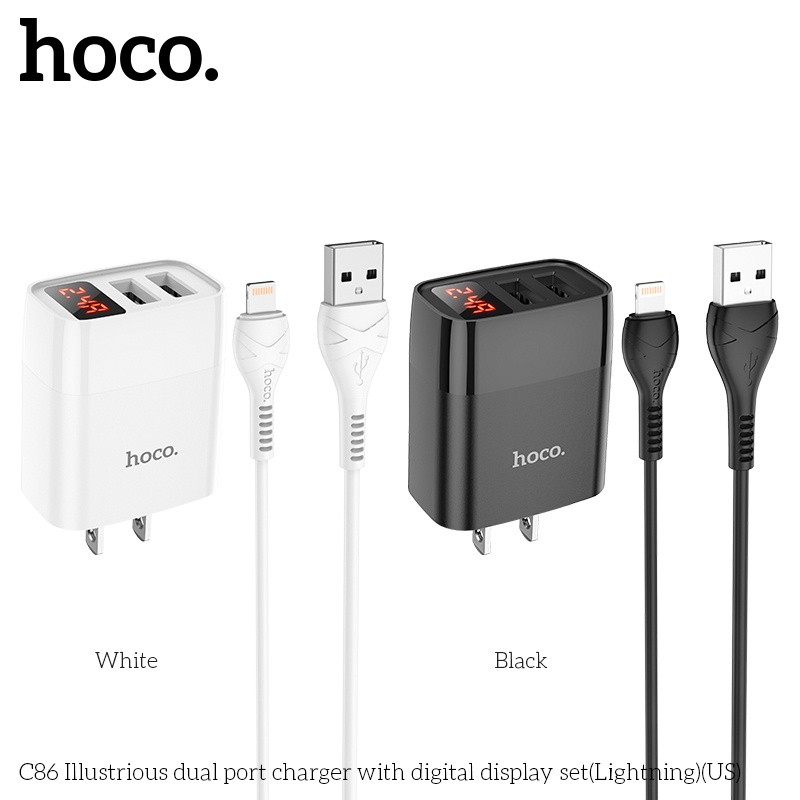 Bộ sạc cáp 2.4A Hoco C86 gồm 2 cổng USB, có màn LED dây dài 1m - Chính hãng