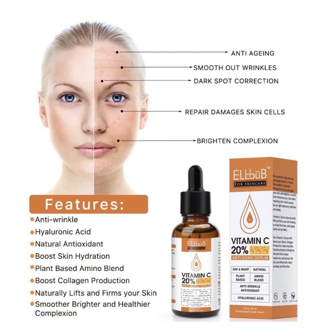 Serum trắng da mờ nám Premium 20% Vitamin C / Hyaluroic ELBBUB 30ml USA