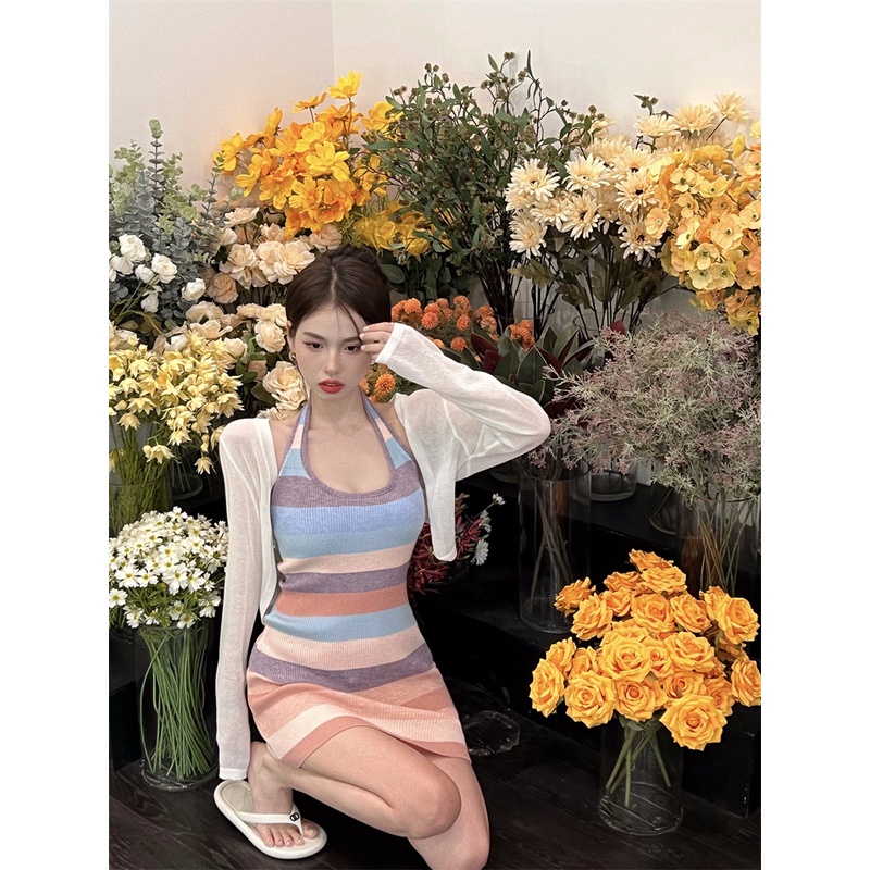 Bộ Áo Khoác cardigan Cổ Tròn + Đầm Hai Dây Dệt Kim Chống Nắng Thời Trang Mùa Hè Phong Cách Hàn Quốc Cho Nữ