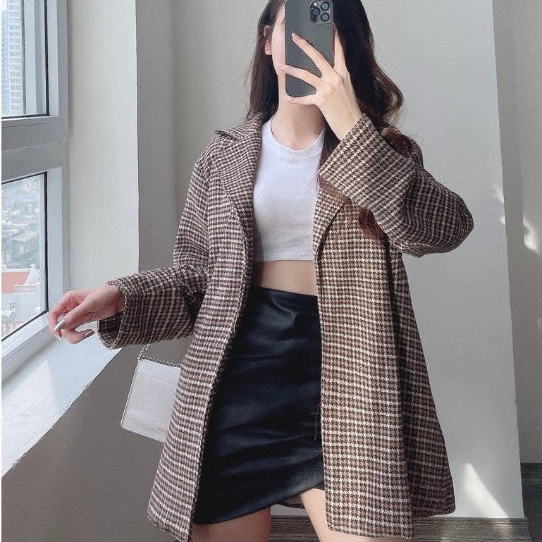 Áo Khoác Dạ Kẻ Nữ - Họa Tiết Răng Sói - Áo Dạ 2 Lớp - Titto Closet