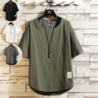 Áo thun vải lanh đơn giản dễ phối đồ phong cách Nhật Bản thời trang mùa hè dành cho nam