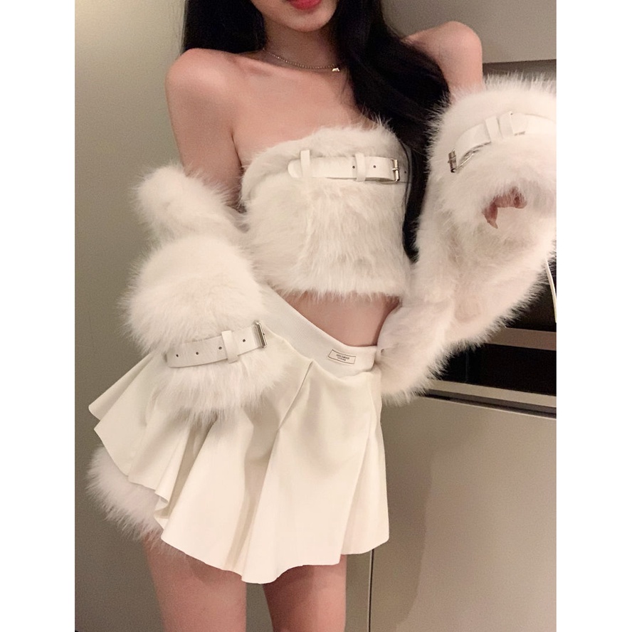 One Set Áo Khoác Cardigan Lông Nhung + Áo Ống Ngắn + Chân Váy Xếp Ly Thời Trang Thu Đông Cho Nữ