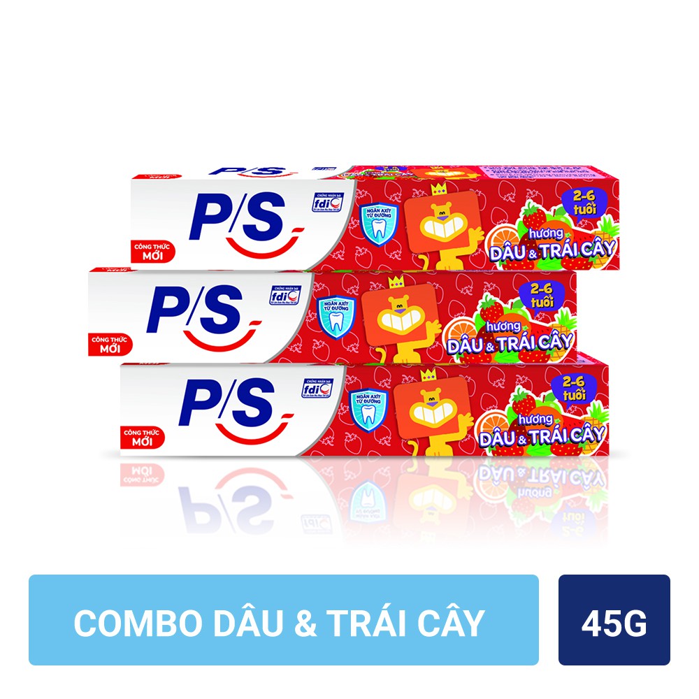 Combo 3 kem đánh răng P/S cho bé 2-6 tuổi hương dâu &amp; trái cây 45g/hộp