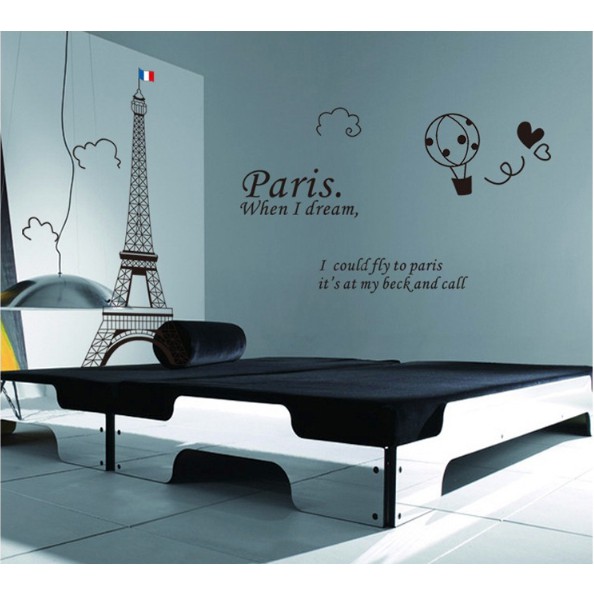 Decal trang trí tường - Tháp Paris khinh khí cầu tinh tế 02