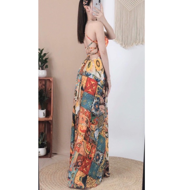 Đầm maxi đan lưng ❤️FREESHIP❤️ Váy maxi thổ cẩm hở lưng phong cách Quảng Châu