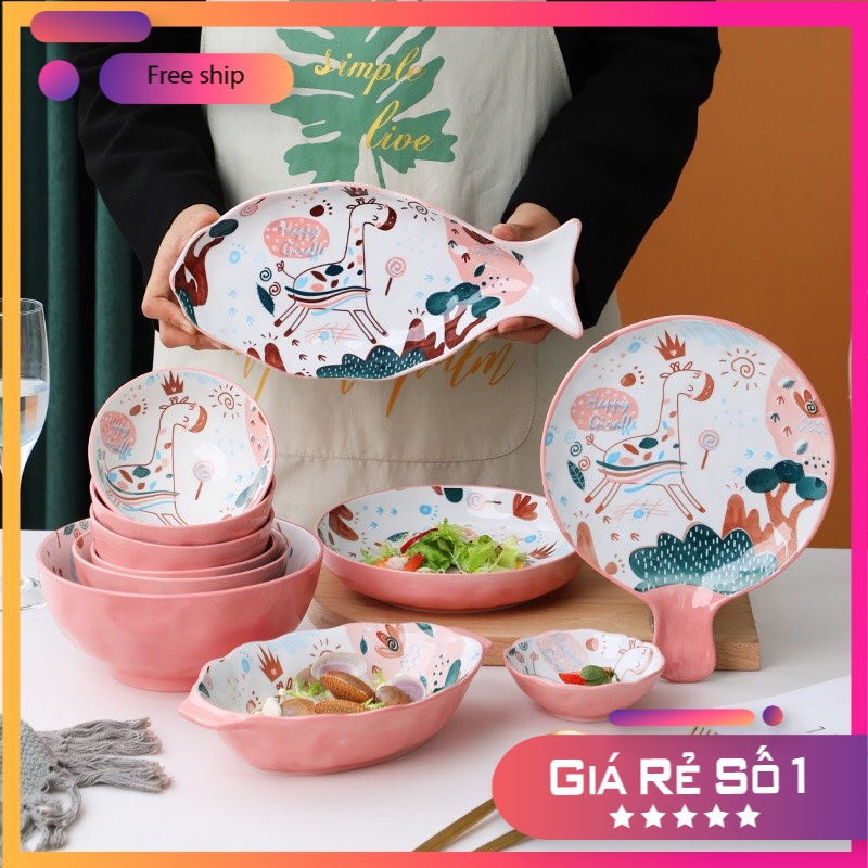 Bộ Chén Sứ Bát Ăn Cơm Bộ Bát Đĩa Decor Chén Dĩa Sứ Hươu Hồng Dễ Thương Cute Cao Cấp S98