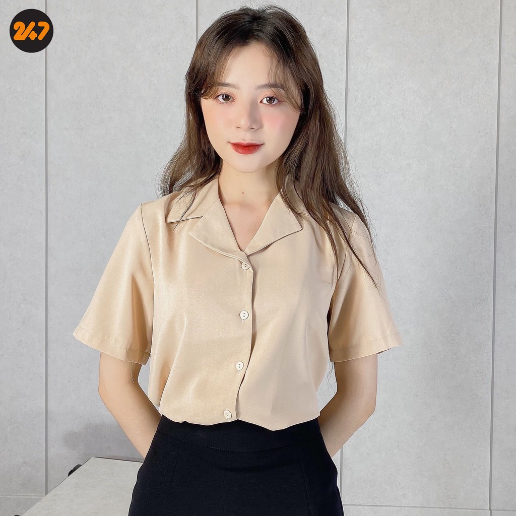 Áo sơ mi tay ngắn cổ vest màu be vintage ulzzang kèm video ảnh thật shop chụp