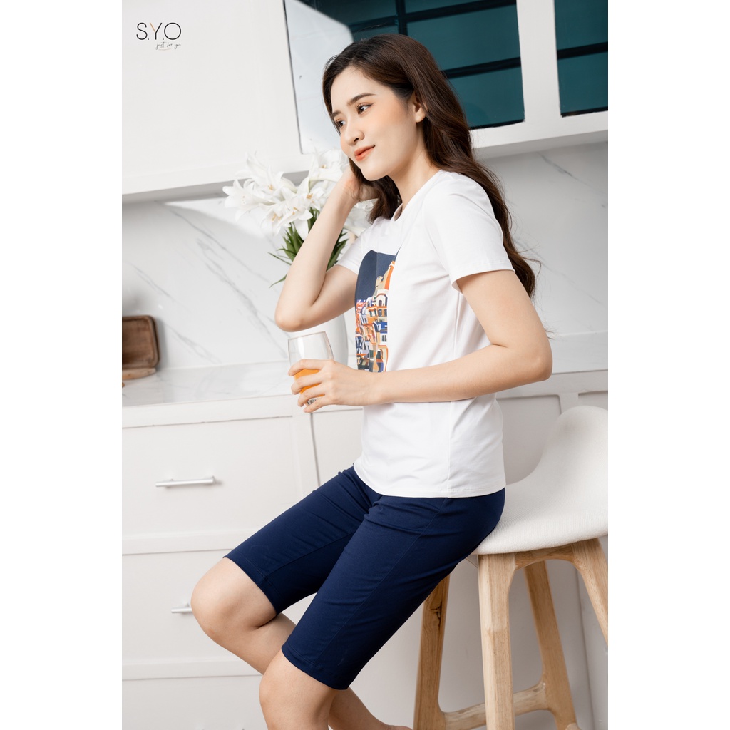 BỘ ÁO CỘC TAY QUẦN LỬNG COTTON MÀU XANH TÍM THAN IN HÌNH NGÔI NHÀ - XANH NAVY S1005-X