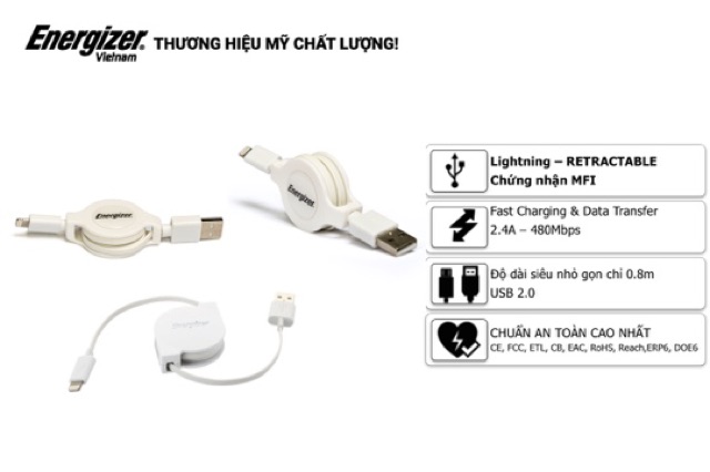 Cáp rút Lightning Energizer 80cm màu trắng - C31UBLIREWH4