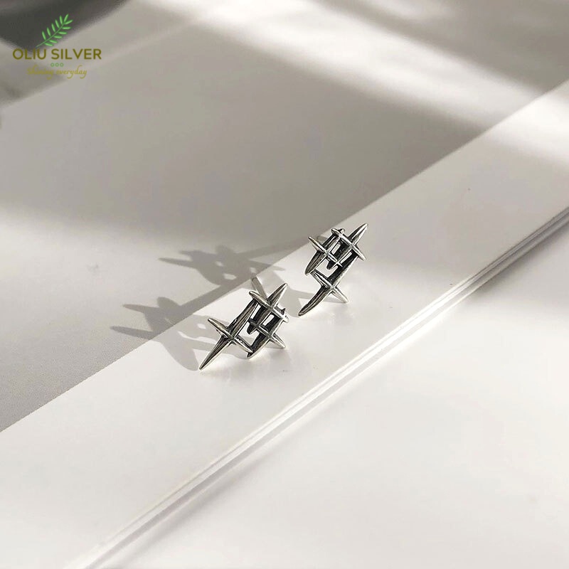 Bông Tai Bạc Thái S925 Retro Cross Star Ngôi Sao Trẻ Trung Cá Tính | Khuyên Tai Nữ Trang Sức Bạc Thời Trang