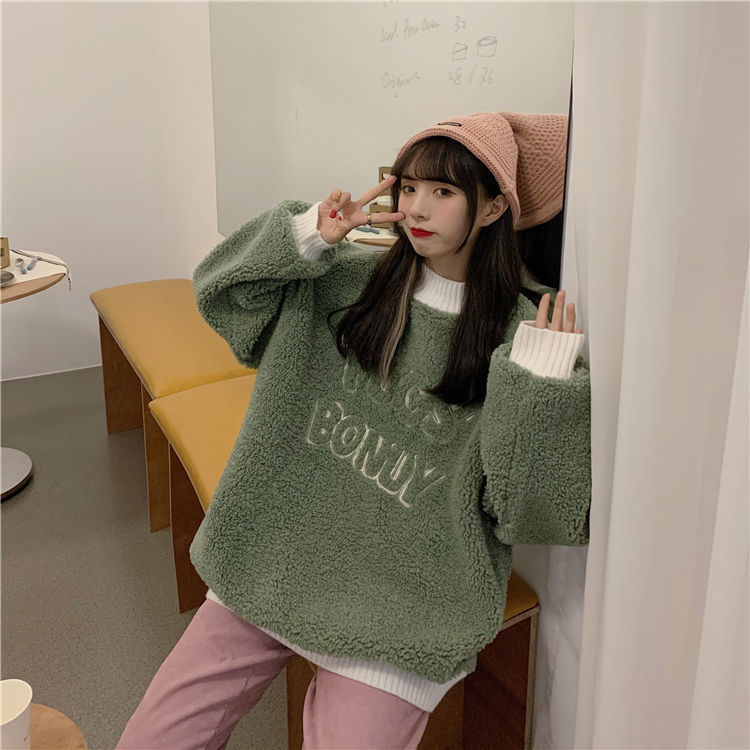 Áo Hoodie Vải Nhung Dày Dặn Dáng Rộng Có Thêu Hoạ Tiết Đơn Giản Xinh Xắn Cho Nữ