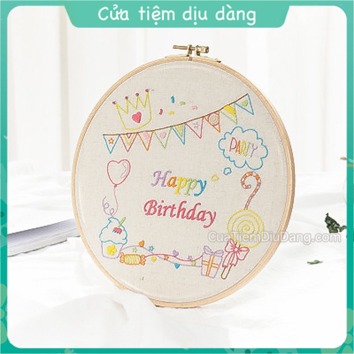 Bộ kit thêu Tranh, kit tập thêu mẫu Happy Birthday (chúc mừng sinh nhật) - DIY (đã bao gồm khung thêu)