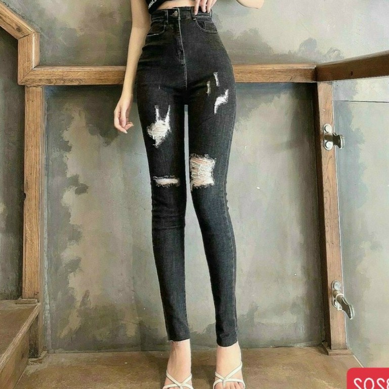 Quần jean nữ xanh đen cao cấp - quần jean nữ kiểu rách chất liệu denim co giãn (fom chuẩn shop) Lady-Hn Store88 NG114