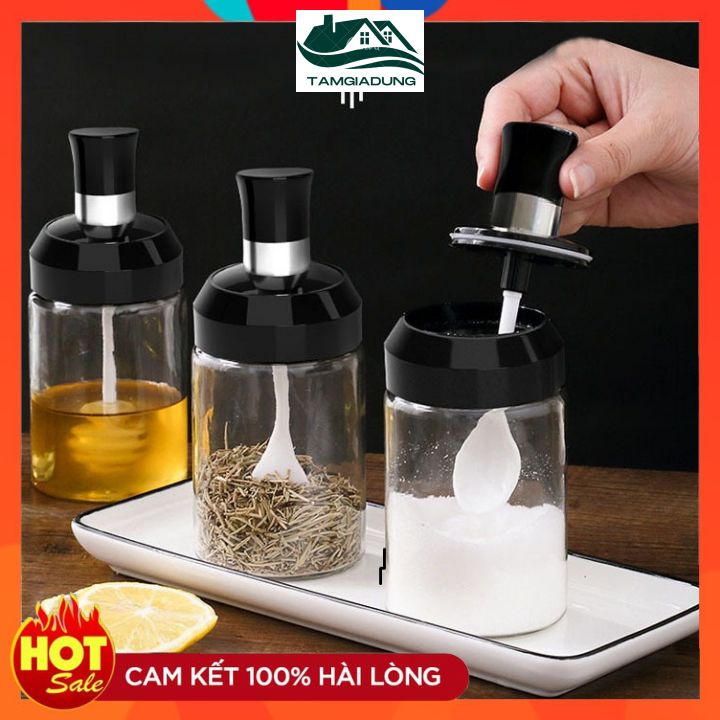 Hủ Đựng Gia Vị-Lọ Đựng Gia Vị Thủy Tinh Kèm Thìa Cao Cấp Nắp Nhựa 250ml