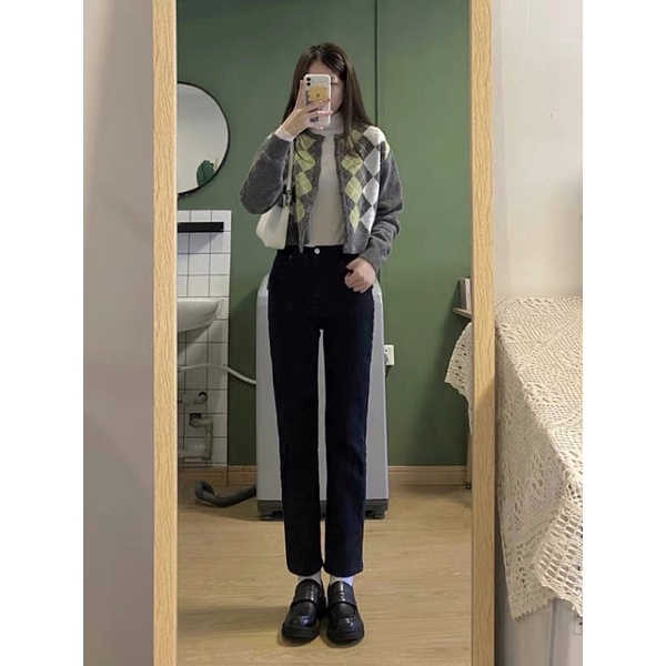 Quần Loli Jeans Ống đứng co dãn đen lì