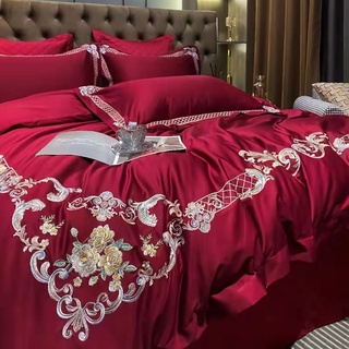 Bộ chăn ga gối lụa cưới đỏ trần bông