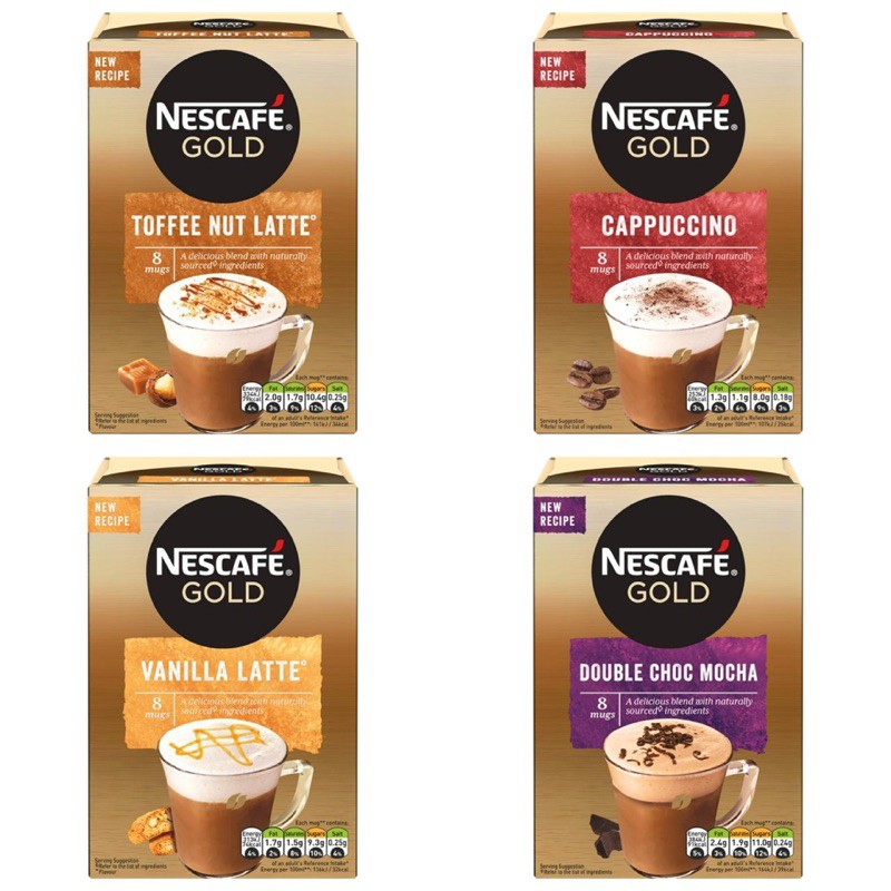 CÀ PHÊ NESCAFE GOLD CAPPUCCINO/ TOFFEE NUT LATTE/ VANILLA LATTE/ DOUBLE CHOC MOCHA