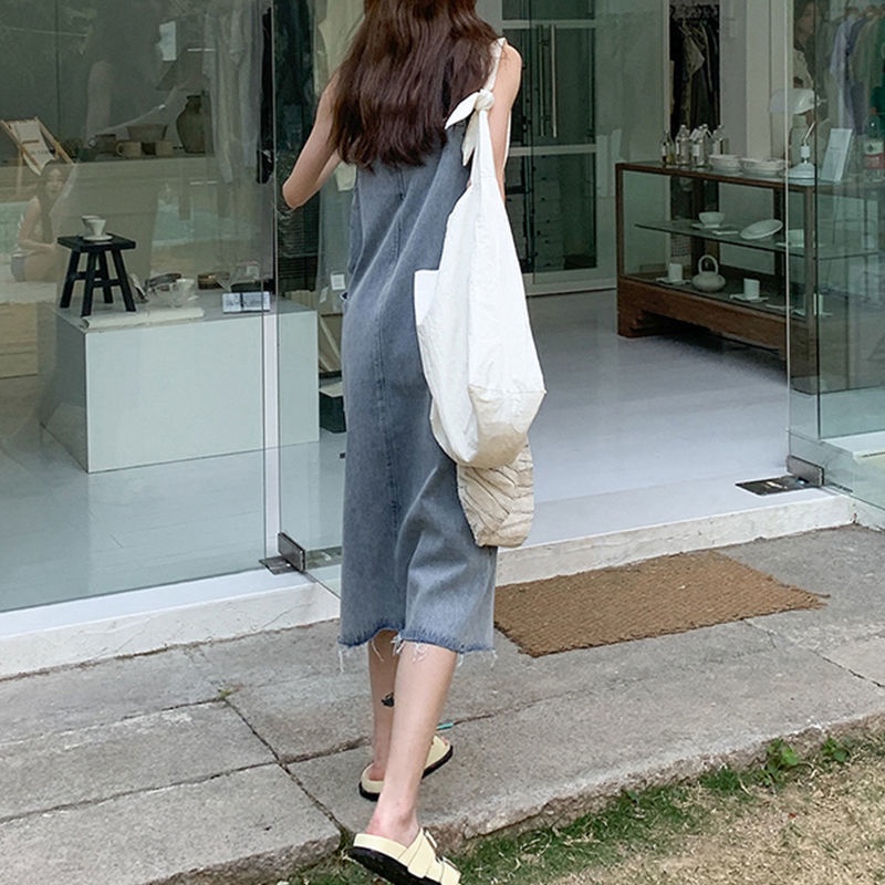 Đầm Yếm Denim Dài Qua Gối Không Tay Dáng Rộng Phong Cách Retro Pháp Thời Trang Mùa Hè Dành Cho Nữ