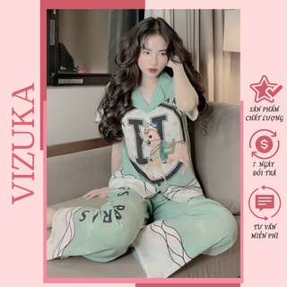 Đồ bộ nữ lụa thiết kế dễ thương cộc tay quần dài VIZUKA