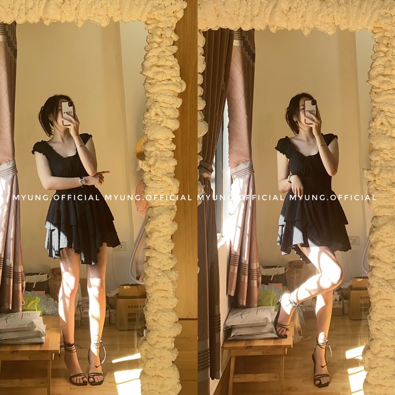 MYUNG - Đầm trễ vai 2 tầng vải voan thêu hạt nổi eo nhún - PHOEBE DRESS | BigBuy360 - bigbuy360.vn