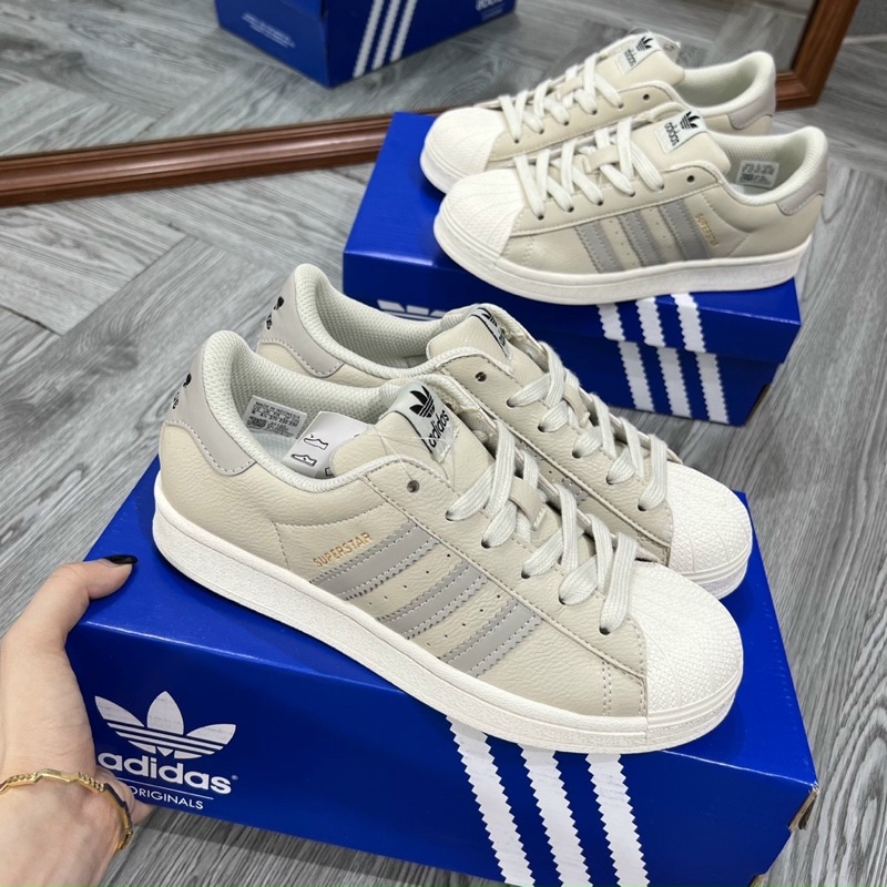 giày adidas Superstar mũi sò kem xám cao cấp, giày das nâu kem 3 vạch mới