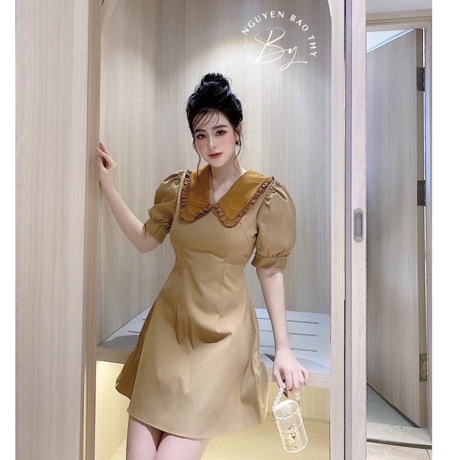 Đầm sơ mi tay ngắn chữ A phối cổ viền dáng xòe màu sắc ( Đen ,Da ,Nâu ) Xinh Sắn dạo phố đi tiệc điệu đà nữ tính thời t