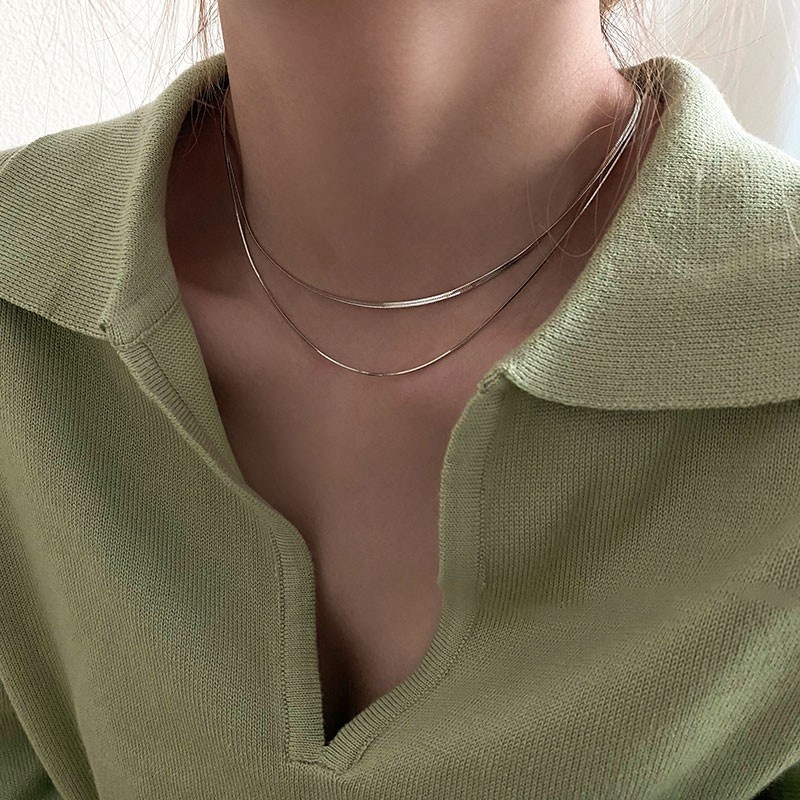 Set 2 vòng cổ bạc sterling đơn giản sang trọng thời trang Hàn Quốc