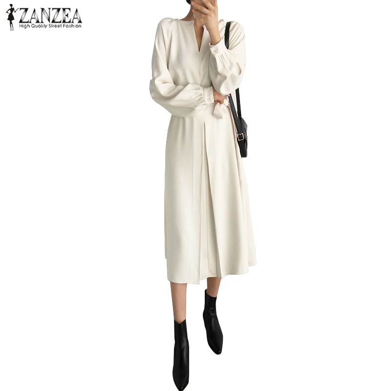ZANZEA Đầm Dáng Dài Cổ Chữ V Tay Phồng Thời Trang Nữ Dễ Thương | BigBuy360 - bigbuy360.vn