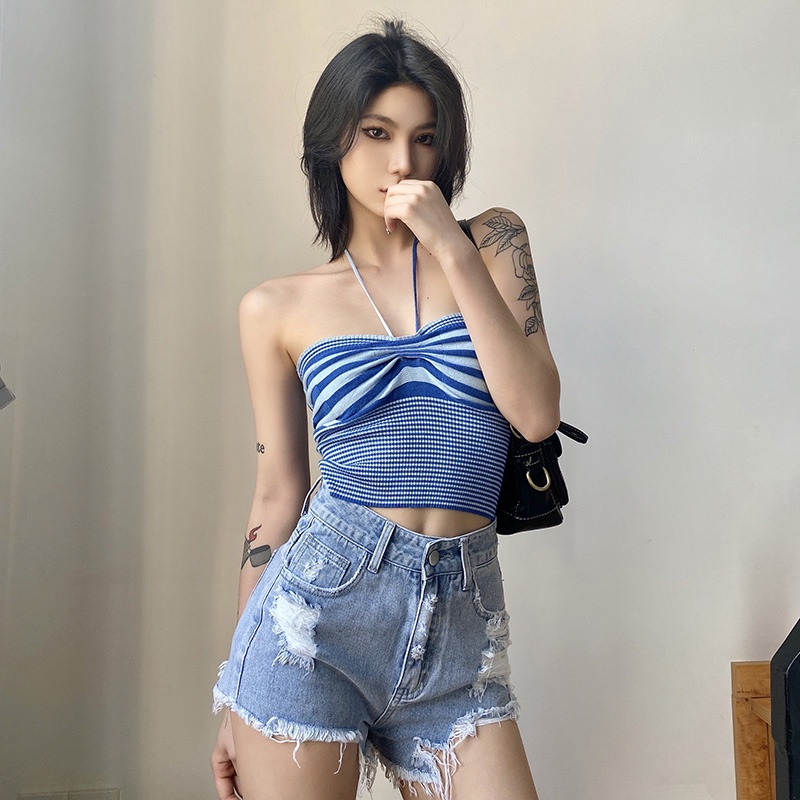 Kliou 2022 Mới vào mùa hè Áo kiểu KLIOU dáng ngắn hai dây hở lưng họa tiết kẻ sọc thời trang mùa hè dành cho nữ