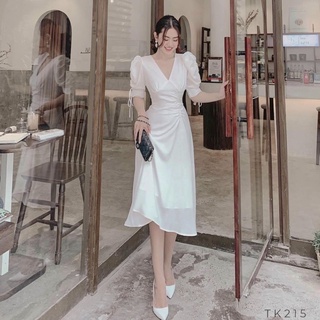 Đầm trắng tay rút nhúng eo (kèm hình thật)