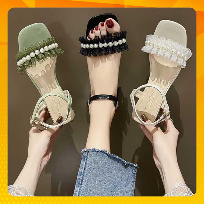 Giày Sandal Công Sở Nữ Dự Tiệc Quai Ngang Ren Phối Ngọc Gót Vuông Gót Cao 5cm Dễ Thương