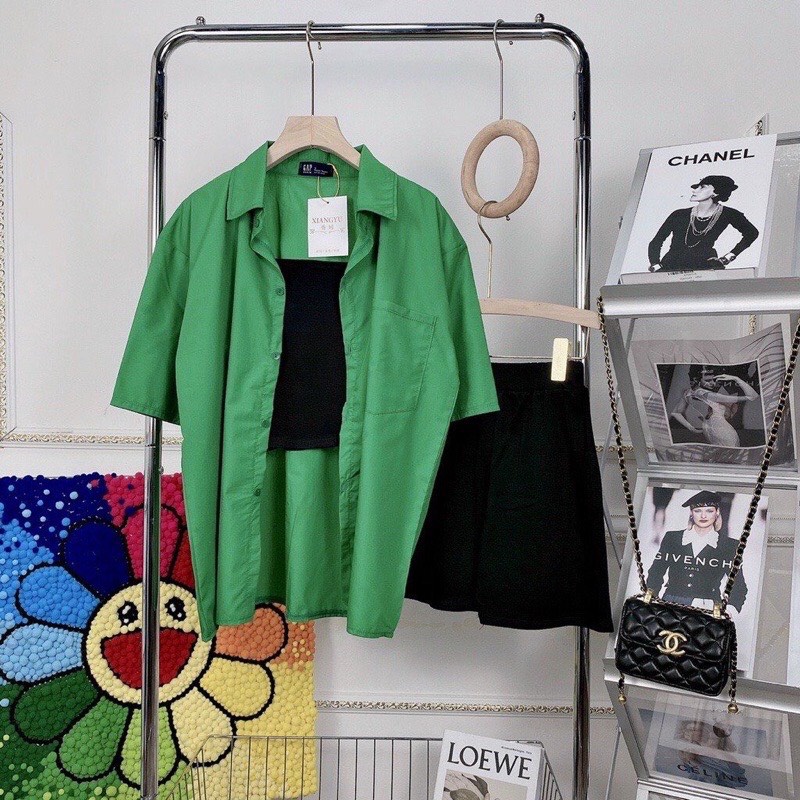 Set 3 món sơmi  xanh lá,áo croptop, quần legging đùi😍