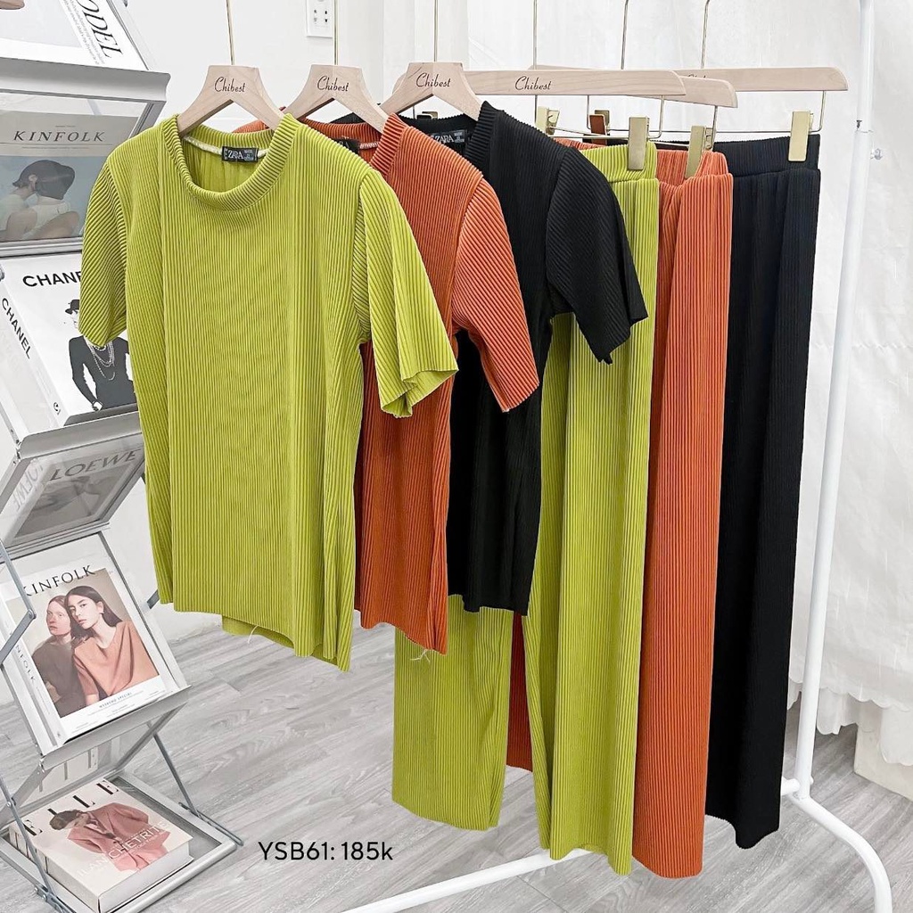 Set bộ thun tăm li mềm áo ngắn tay cổ tròn  mix quần suông cao ống rộng cấp siêu đẹp CHIBEST YSB61