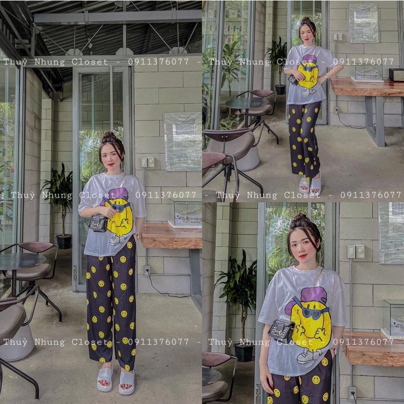 Set áo thun cotton mặt cười mang kính quần suông