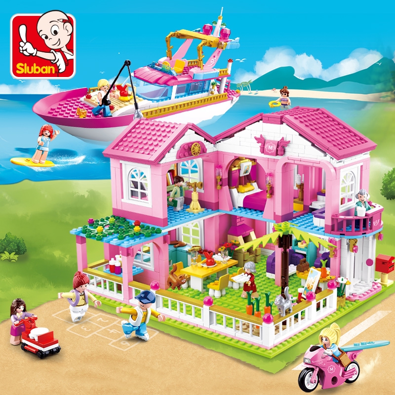 Compatible with Lego Sluban Pink Dream Dolphin Bay Swimming Beach Shop Sapphire Castle Villa Yacht Girl Assembled Building Blocks Toy 0600