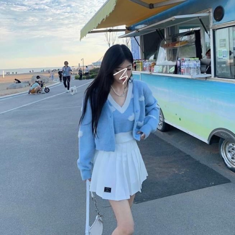 Set áo ba lỗ croptop len in hình mây kèm áo khoác cardigan len tay dài - Order taobao quảng châu