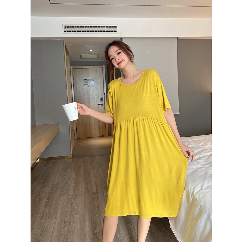 Đồ ngủ Dáng Rộng Tay Ngắn Cổ Tròn Màu Trơn Thời Trang Cho Nữ